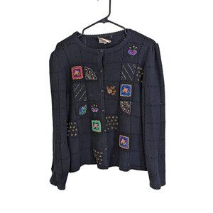 Vintage Susan Bristol Black Cardigan Sweater Size Large Hand Embroidered Beaded